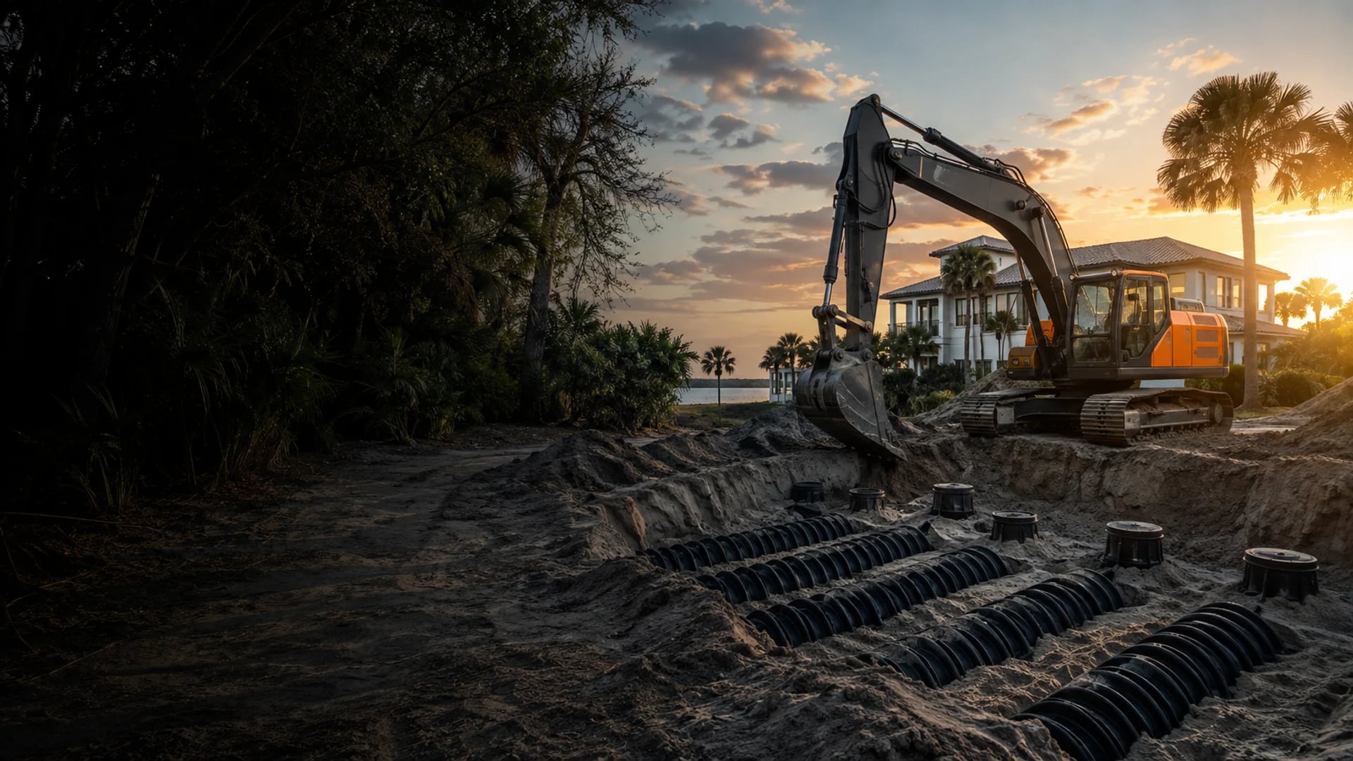 Illustrative view of an excavator and septic drainfield chambers at a Florida property
